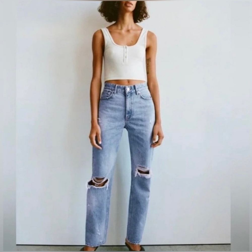 ✅️ ZARA High Rise Distressed Rigid Straight Leg Jeans Size 10